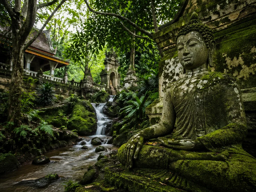 Wat Pha Lat jungle temple waterfall mossy Buddha