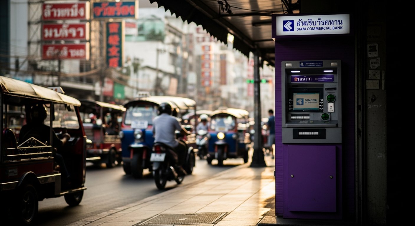 방콕 ATM에서 현금을 인출하는 여행자