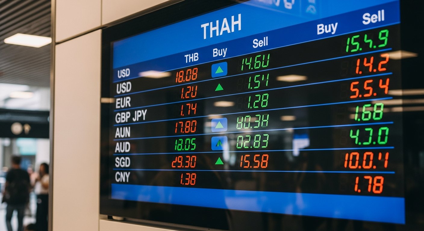 환율판이 보이는 방콕 환전소 내부