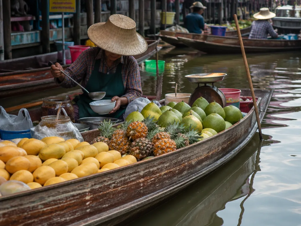 Wooden boats loaded with tropical fruit at canal market