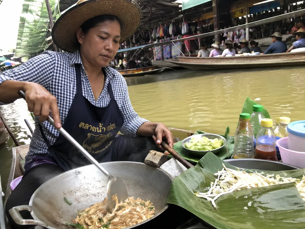 Vendor cooking pad thai on a small wooden boat