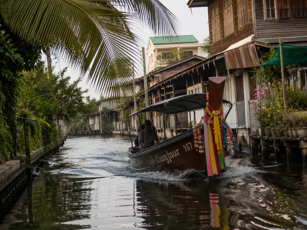 Long-tail boat navigating a narrow Bangkok canal