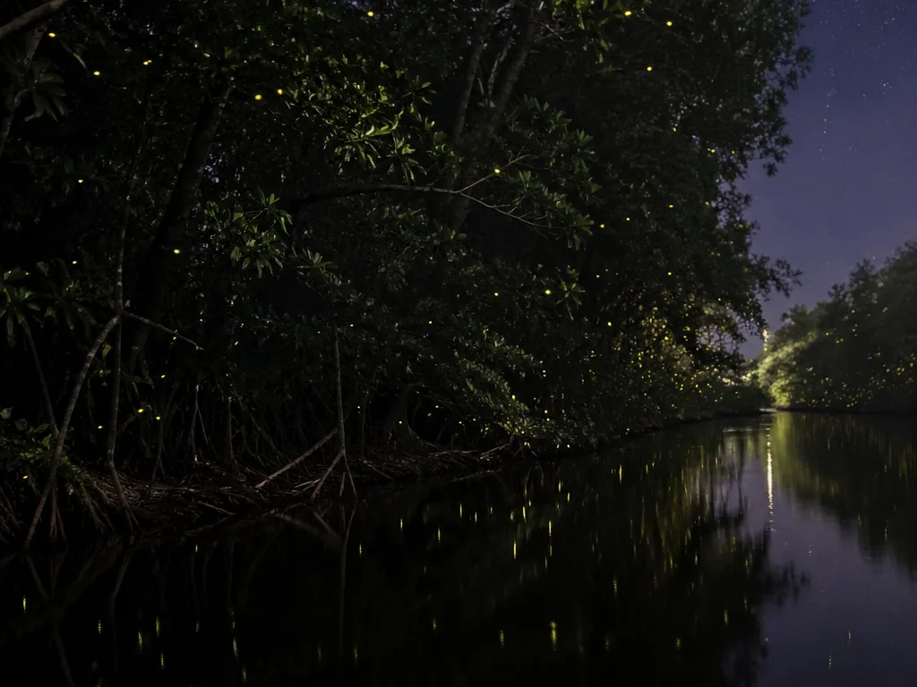 Fireflies glowing in mangrove trees at night canal tour