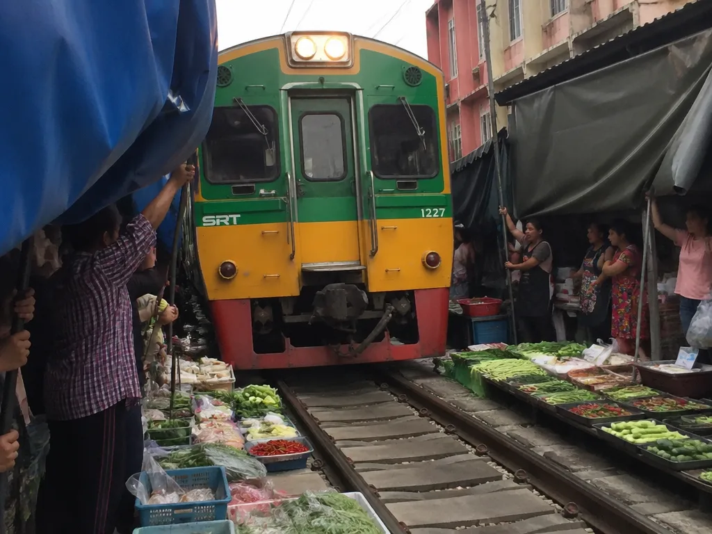 Train passing inches from market stalls at Maeklong