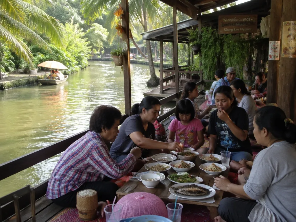 Local Thai families eating at canal-side wooden deck