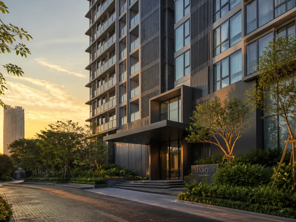 Bangkok serviced apartment building exterior with green landscaping