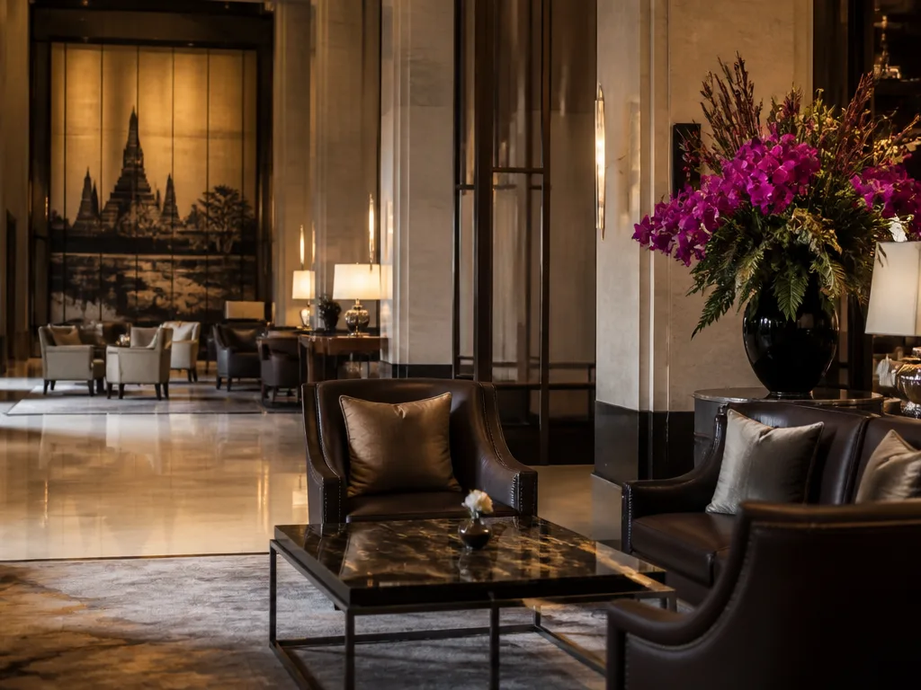 Bangkok hotel lobby lounge with armchairs and coffee table