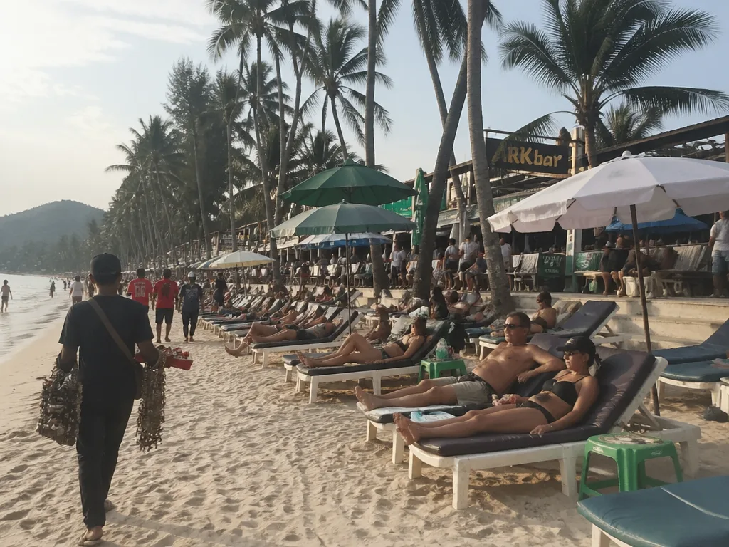 Crowded Chaweng beach strip with sunbeds and bars