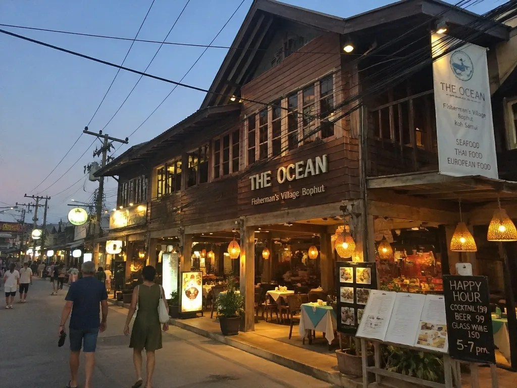 Fisherman village wooden shophouse street at dusk