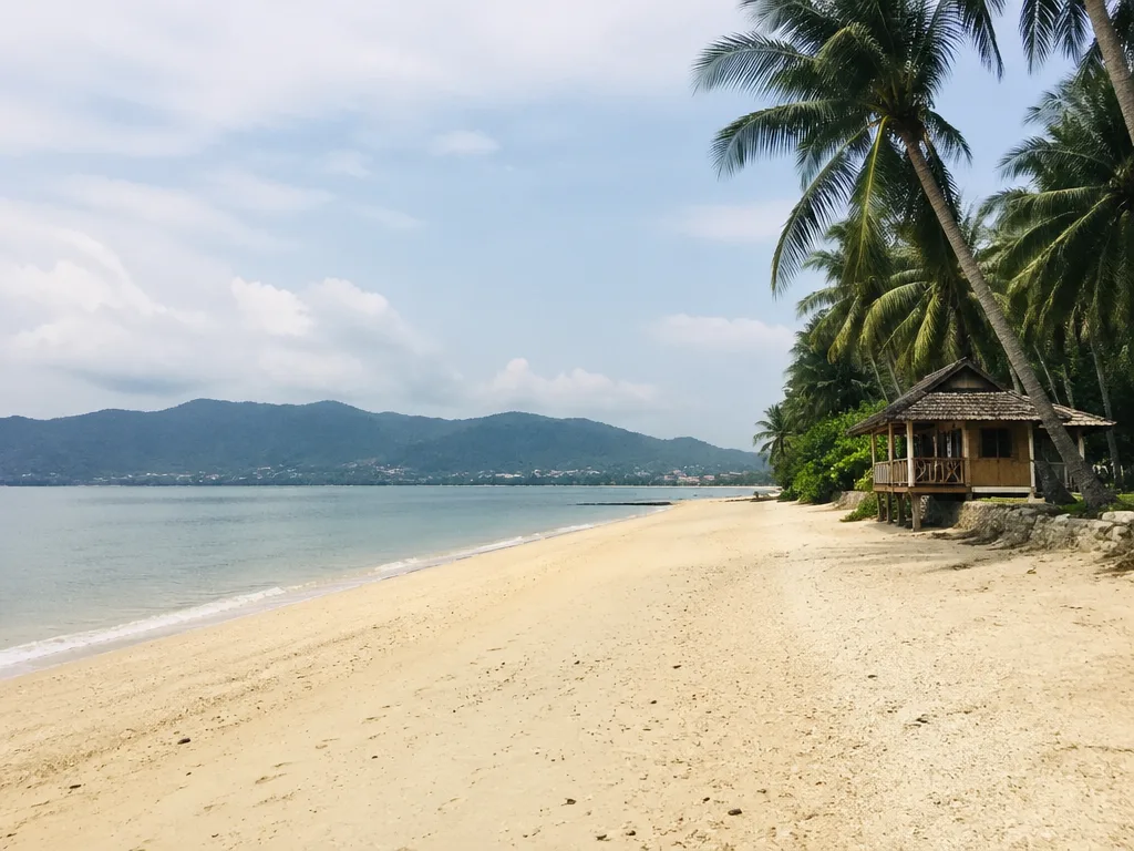 Empty long Maenam beach with palms and bungalow