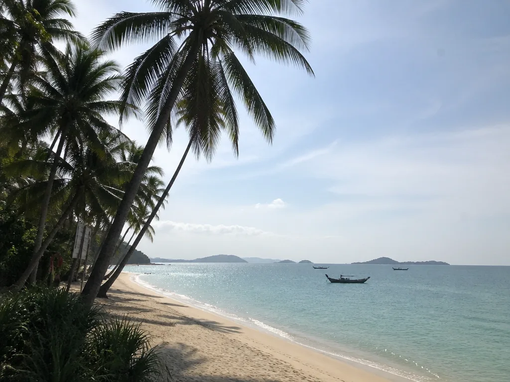 Koh Samui shoreline with leaning coconut palms over the water