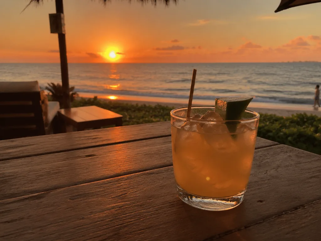 Sunset cocktail on a wooden beach bar table