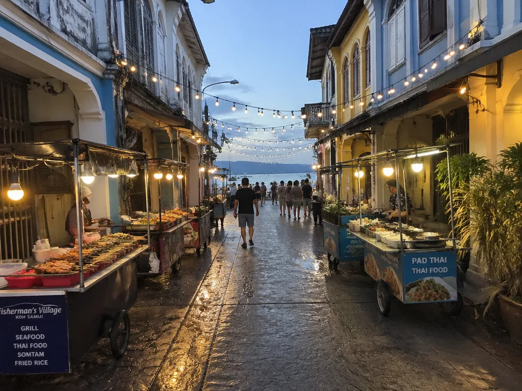 Fisherman's Village Friday Walking Street market food stalls glowing at dusk in Bophut