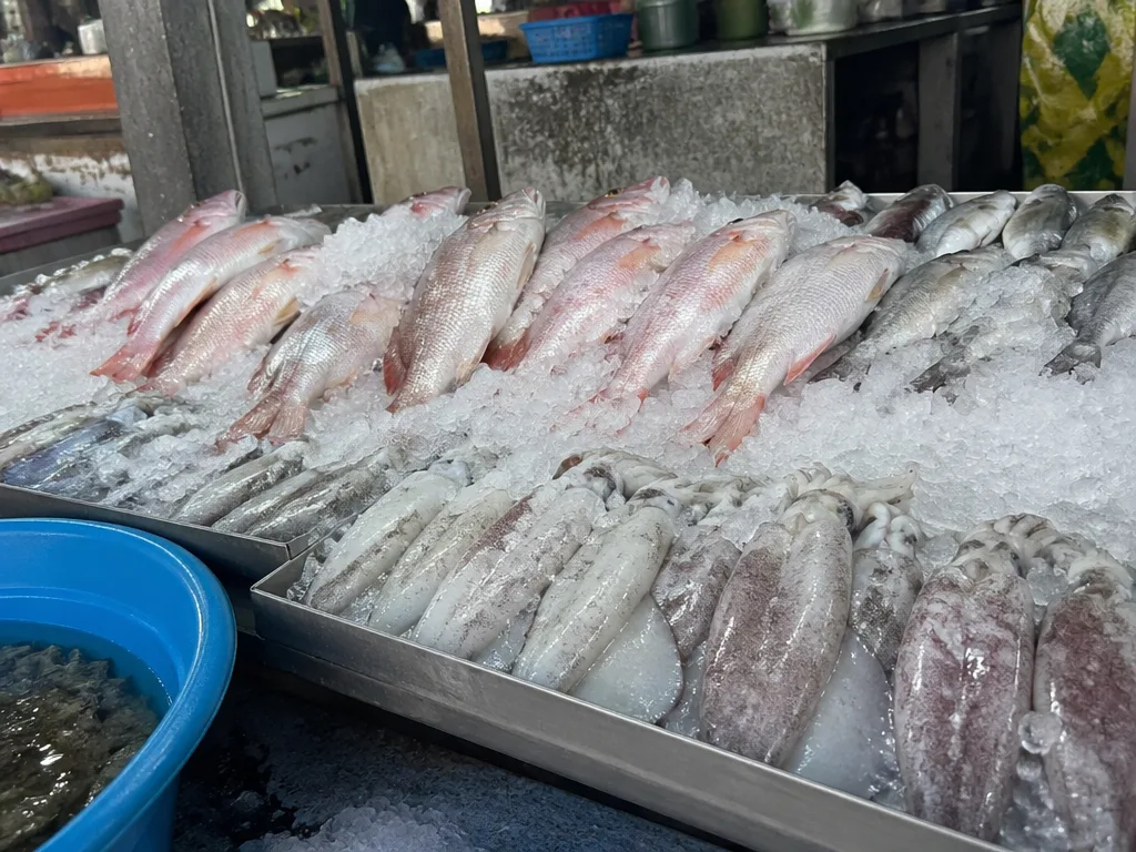 Hua Thanon morning fish market display with fresh seafood arranged on crushed ice