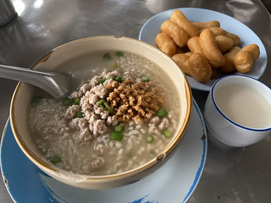 Steaming bowl of southern Thai khao tom rice soup with pork at Nathon morning market