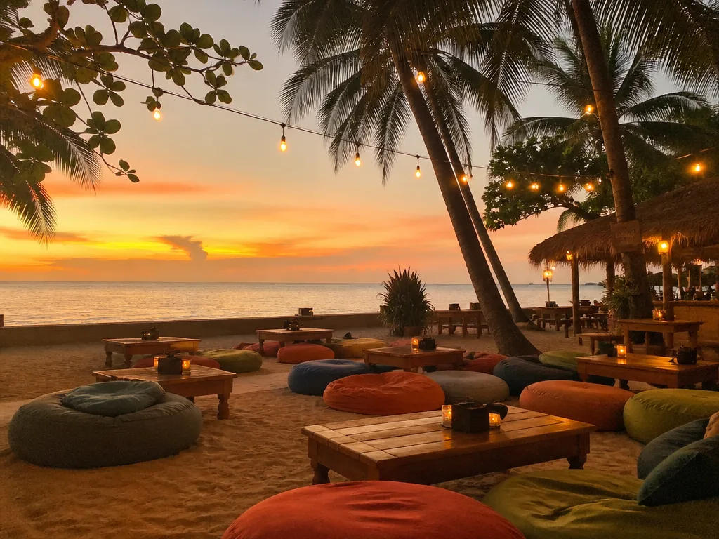 Coco Tam's beachfront bean bag seating at sunset Bophut