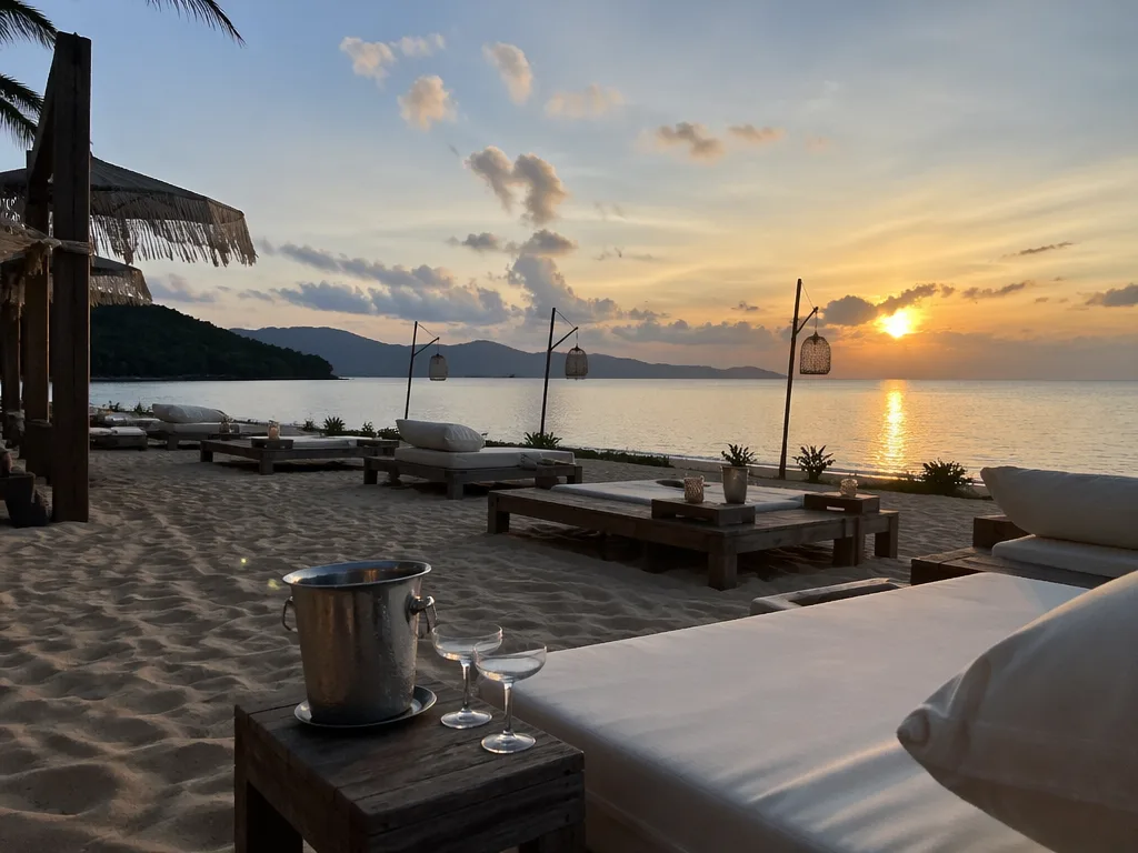 Beach club daybeds and sunbeds facing the sea at sunset on Lipa Noi west coast