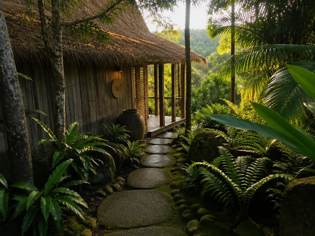 Jungle villa exterior at Koh Samui retreat with thatched roof and stone path