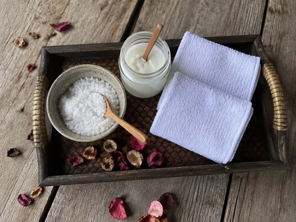 Coconut oil and sea salt scrub bowls on wooden spa tray