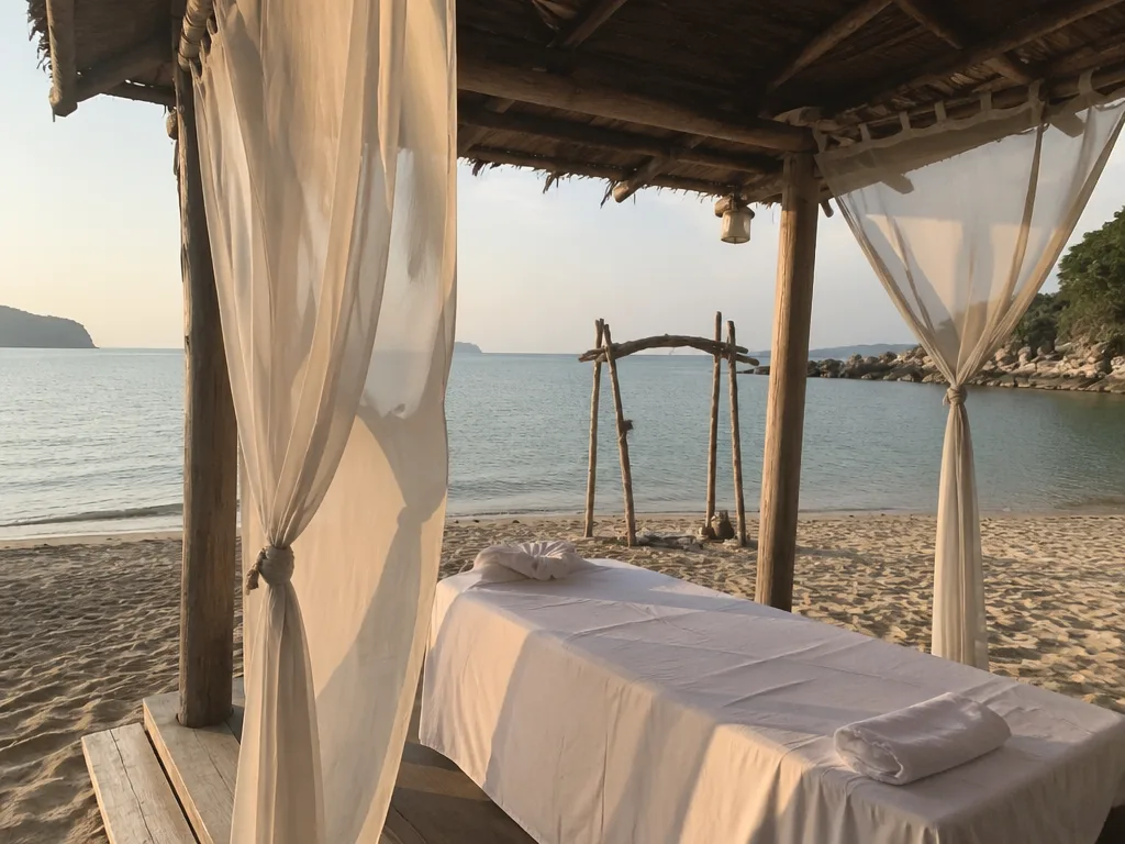 Beachside salt deck with massage bed and white linen at golden hour