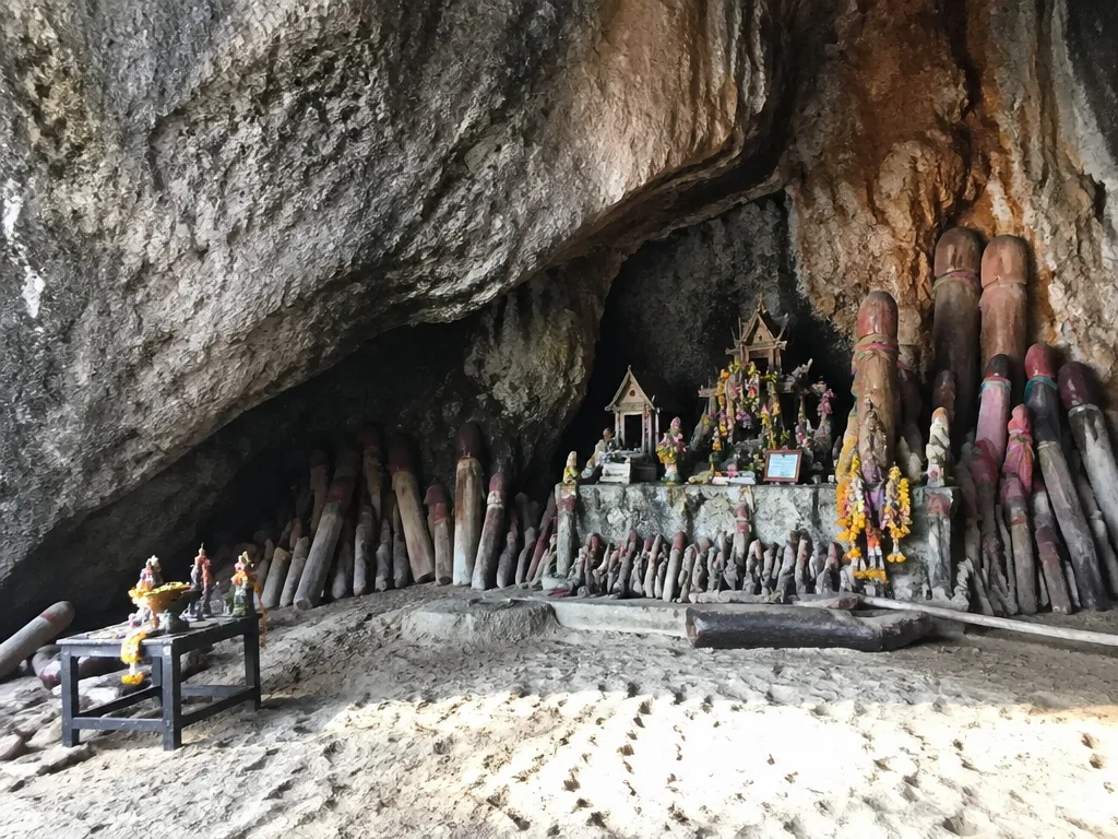 Princess Cave shrine wooden offerings limestone Krabi