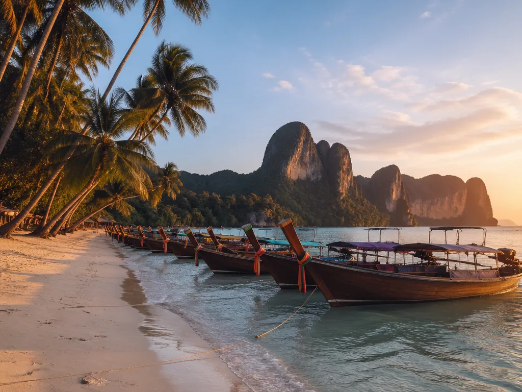 Railay West sunset longtail boats palm trees