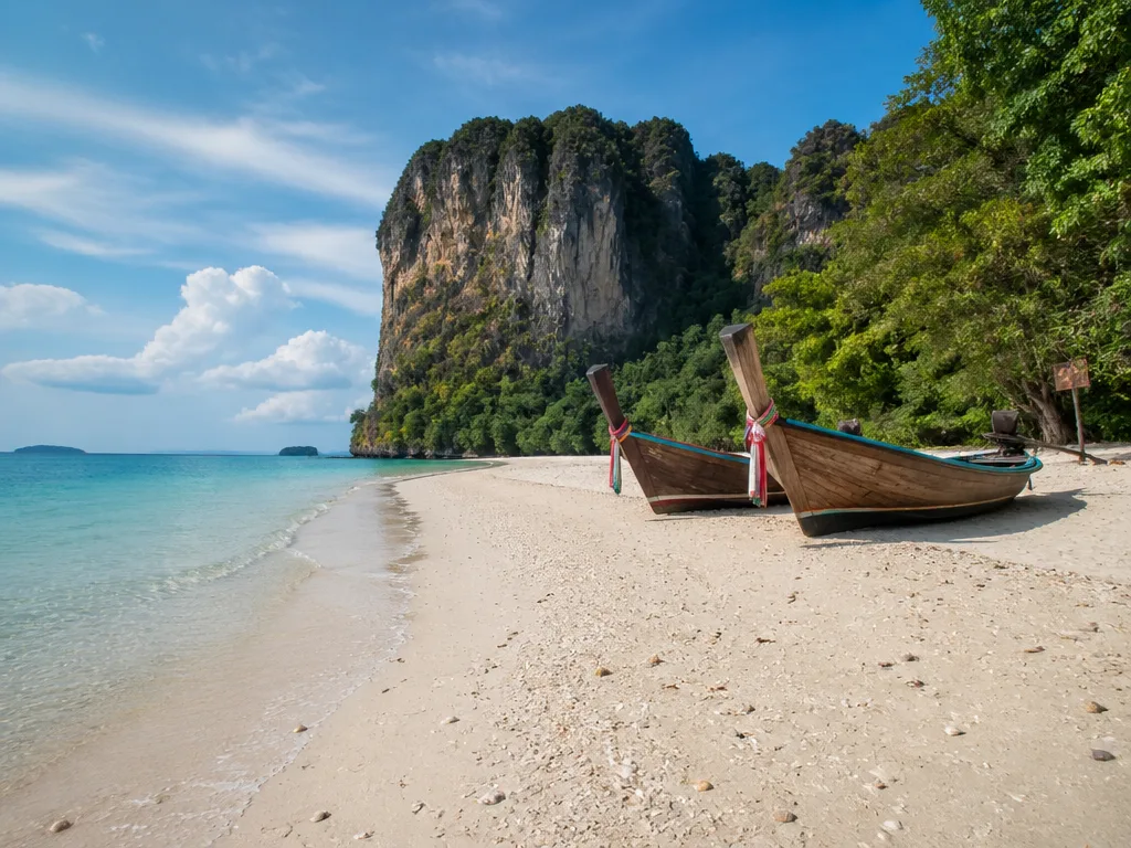 Poda Island white sand beach limestone backdrop tour boats