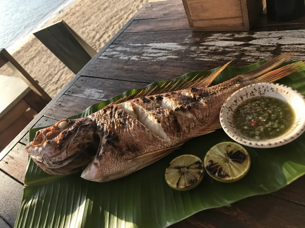 Whole grilled snapper on a banana leaf with seafood dipping sauce at an Ao Nang beachside shack