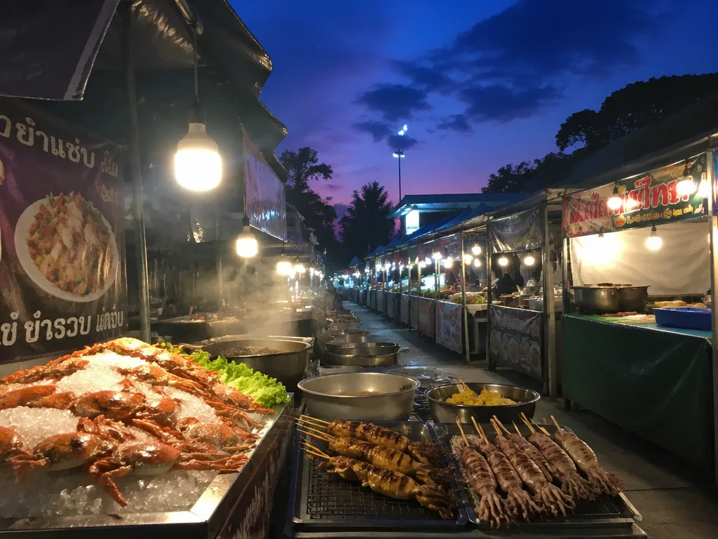 Krabi Night Market food stalls glowing at dusk near Chao Fah Park