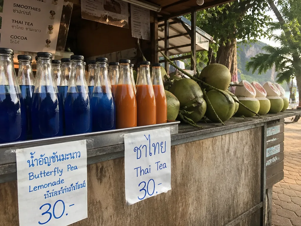 Tropical fruit and fresh coconut juice stand at a Krabi market with butterfly pea lemonade in glass bottles