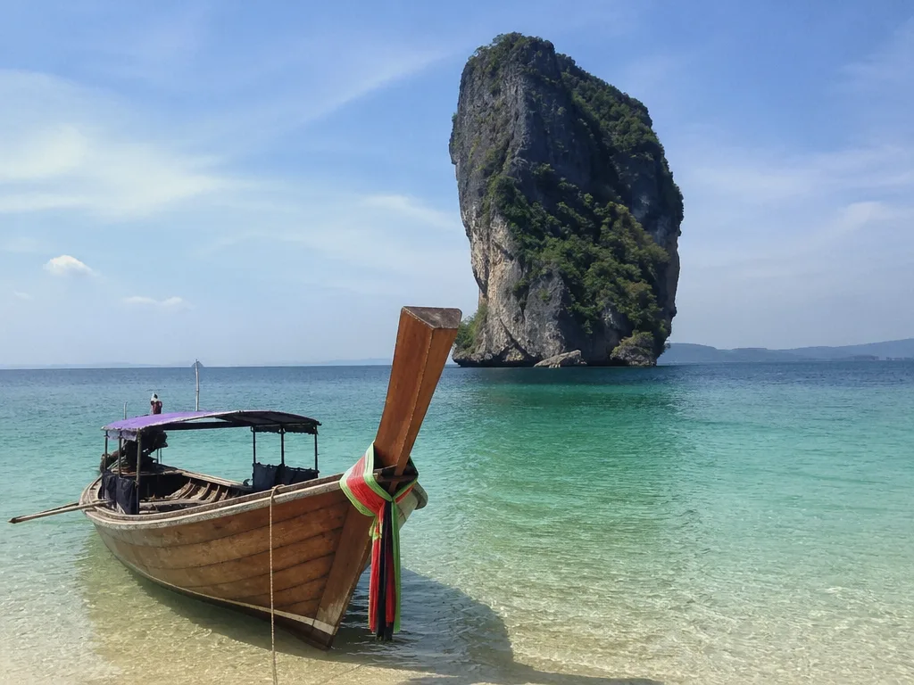 Longtail boat anchored near Krabi limestone karst island