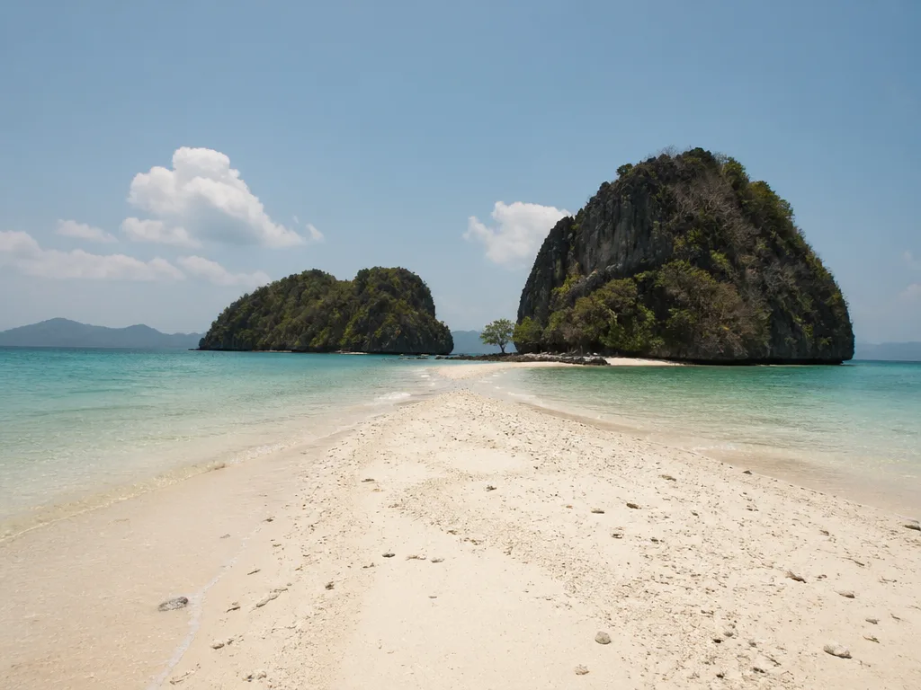 Tup Island sandbar emerging at low tide between two islands