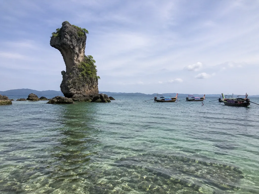 Chicken Island rock formation snorkeling boats anchored Krabi