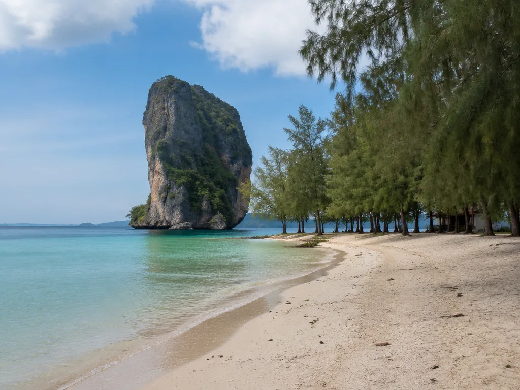 Poda Island long white sand beach limestone backdrop calm sea