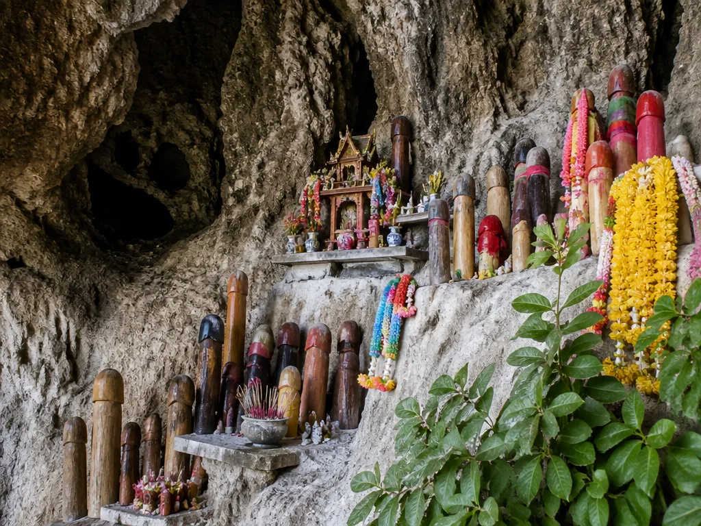 Phra Nang cave shrine wooden offerings limestone wall