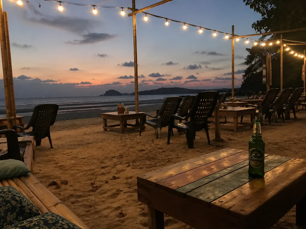 Empty Ao Nang beach bar at dusk with plastic tables in the sand and string lights