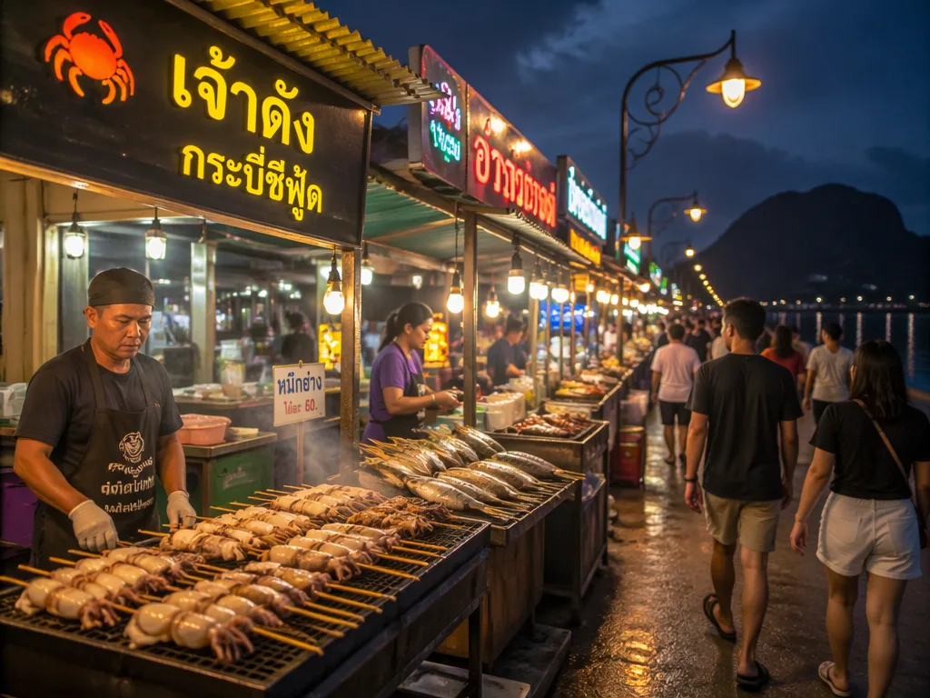 Krabi Town weekend night market seafood stalls along the river walkway