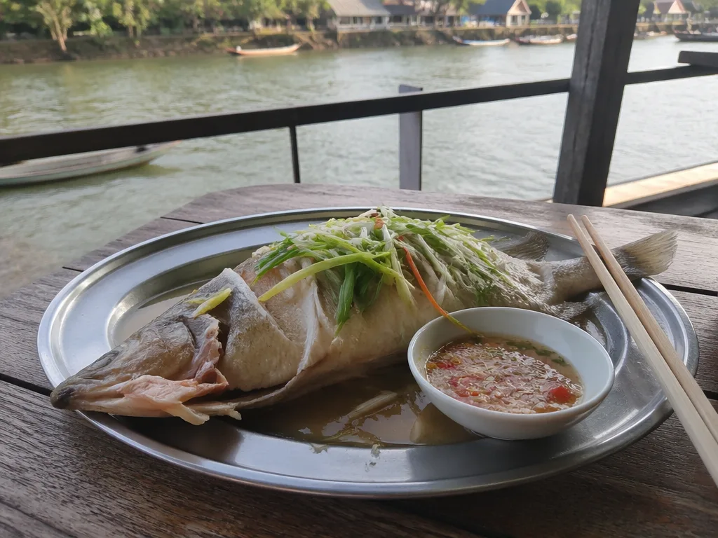 Steamed whole snapper with lime and garlic at Chao Fah pier restaurant