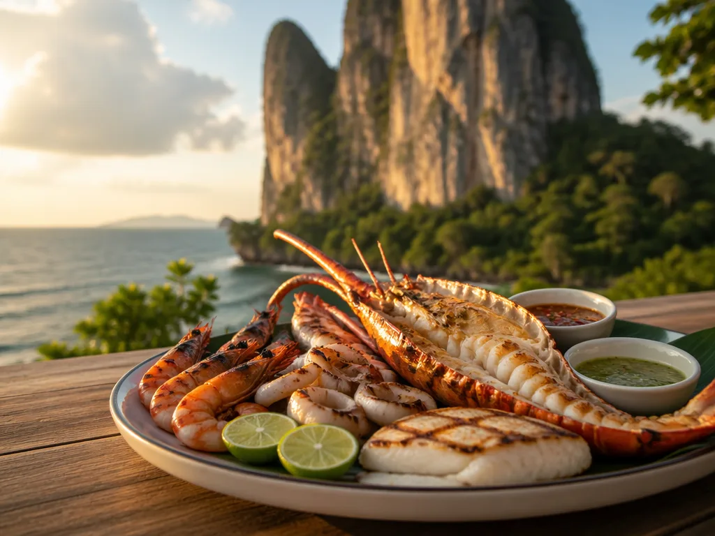 Lae Lay Grill seafood platter for two with limestone cliff backdrop at Ao Nang