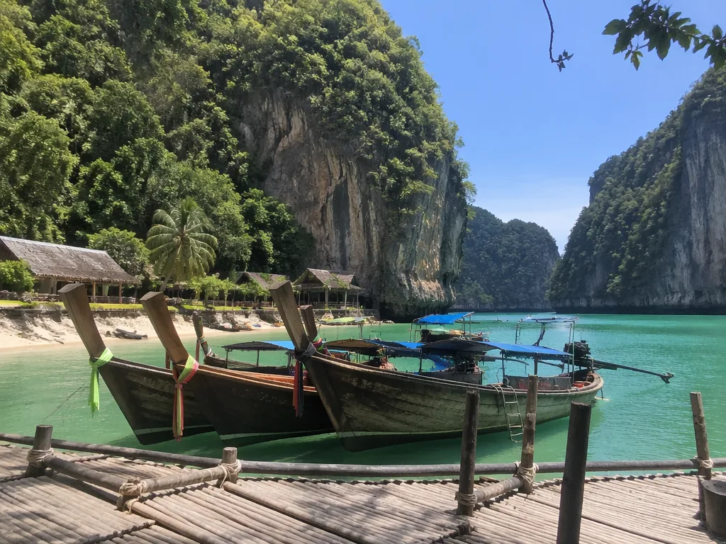 Longtail boats moored at Railay Beach with karst cliffs at midday