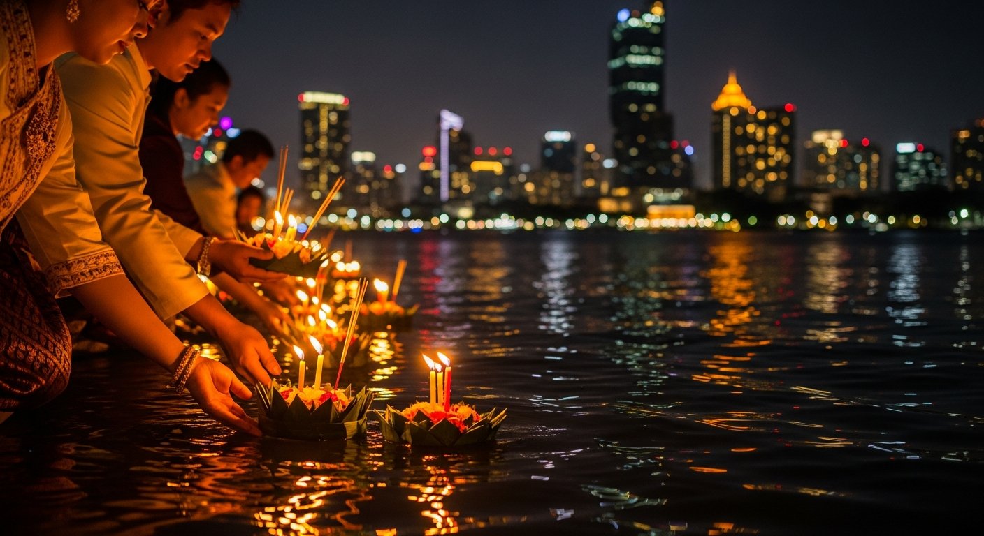 Bangkok skyline reflected in water with floating krathongs and candlelight