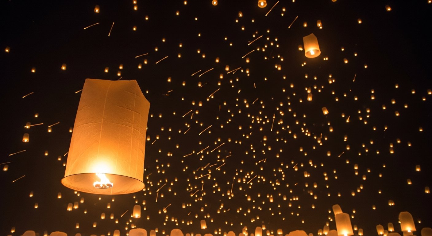 Sky lanterns rising above temple silhouettes during Yi Peng festival in Chiang Mai