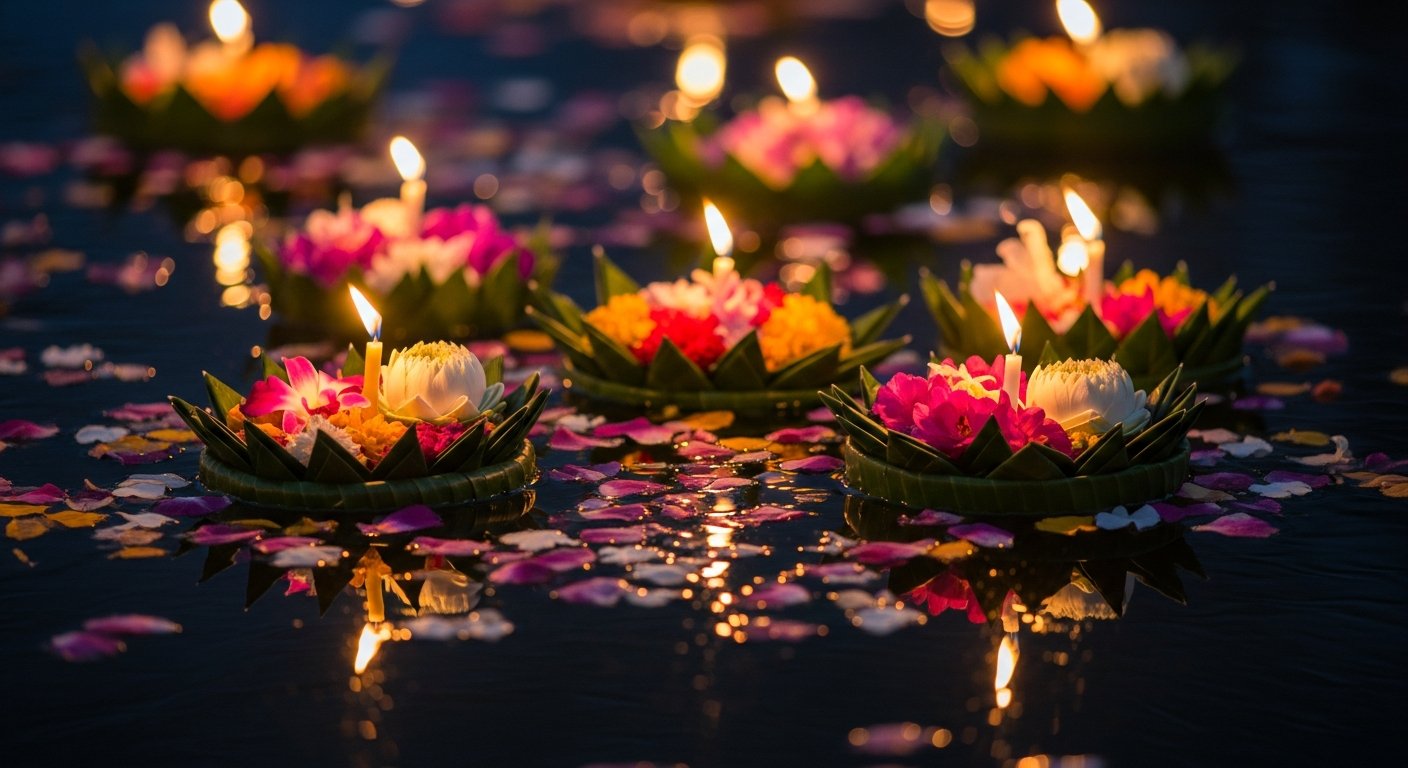 Krathongs floating on water with candles glowing during Loy Krathong festival
