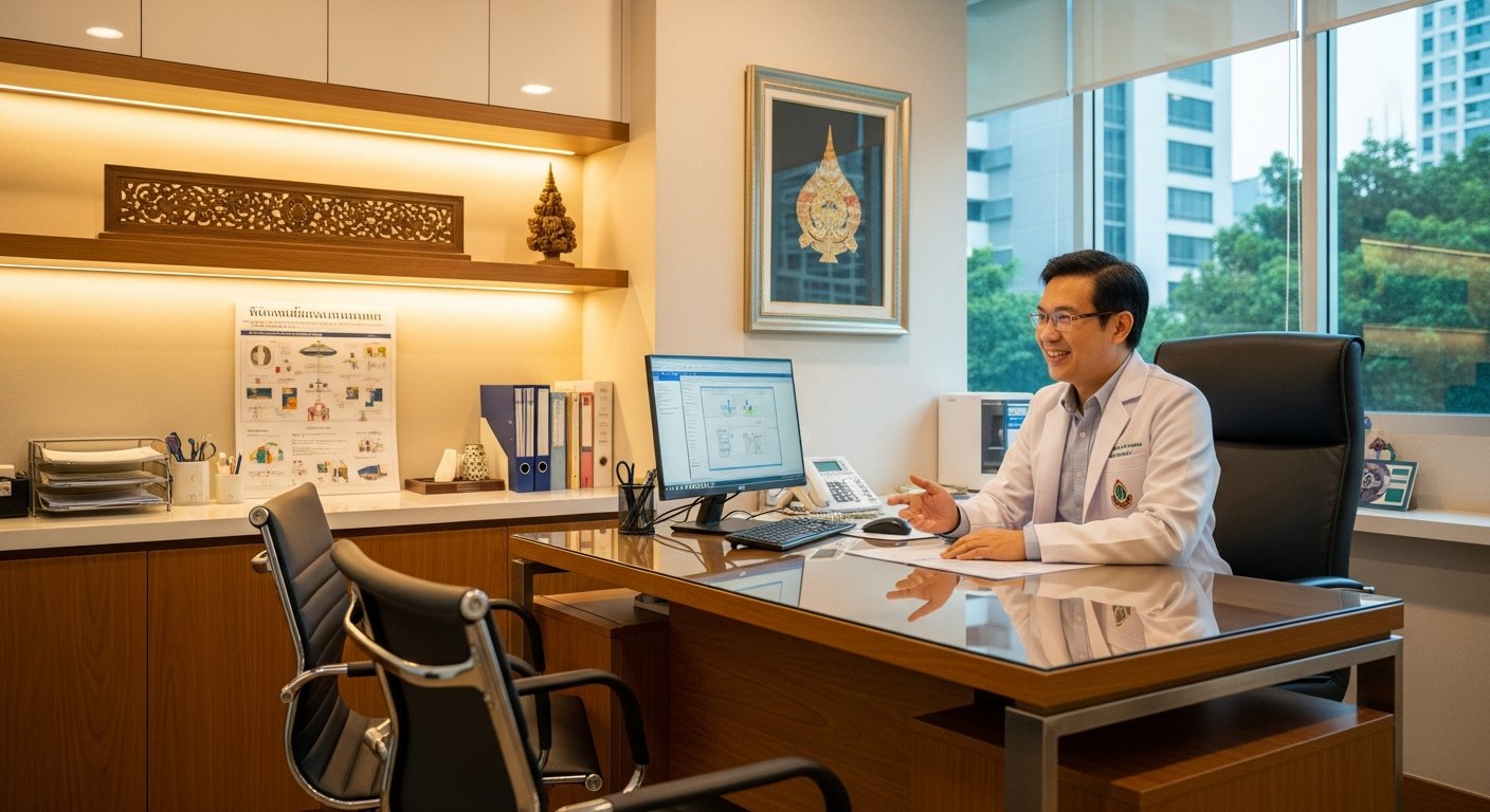 バンコクのモダンな病院で患者と相談する医師