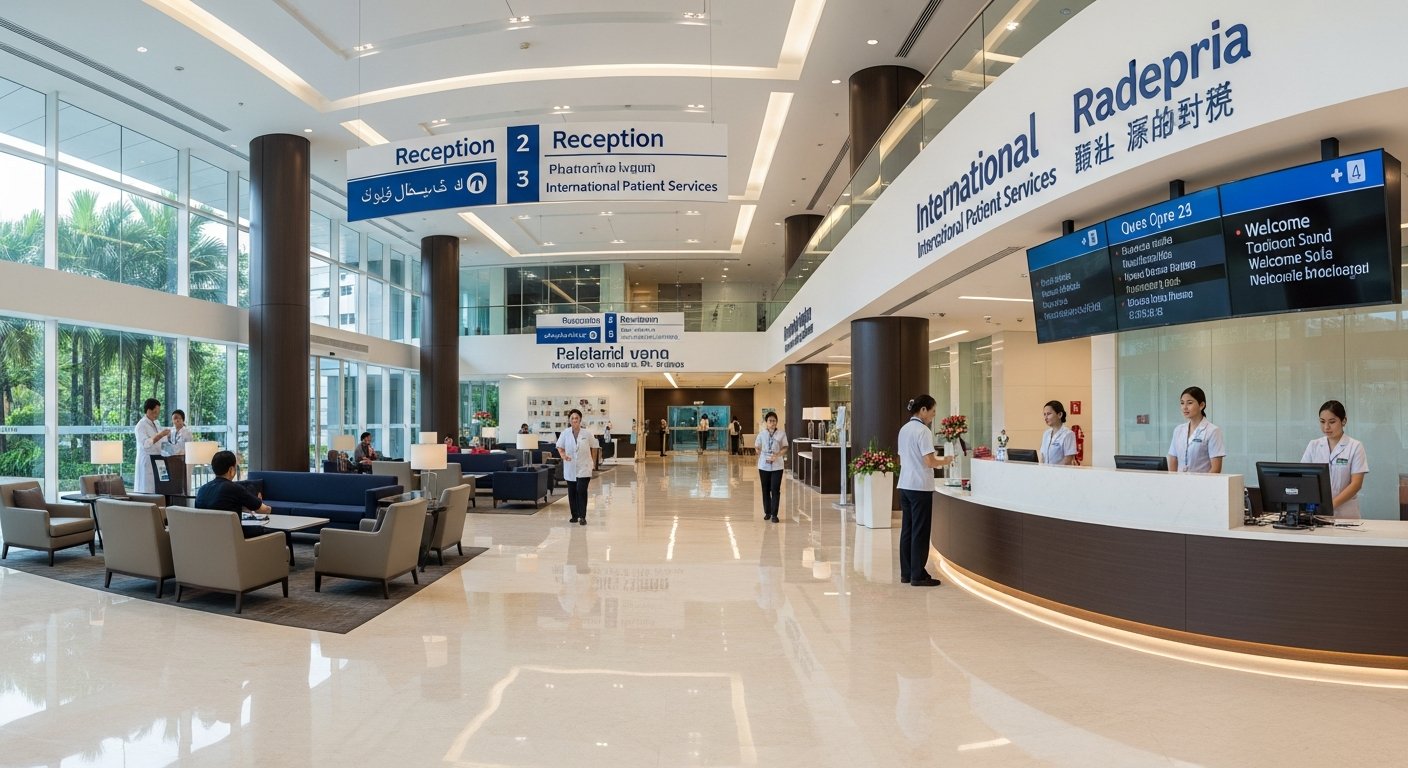 バンコクのモダンな病院ロビーと国際患者サービスデスク