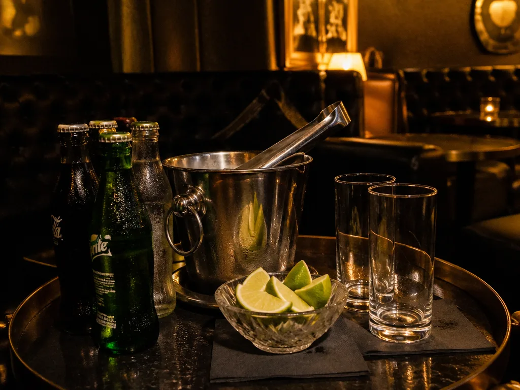 クラブテーブルのソーダボトル、アイスバケット、グラス