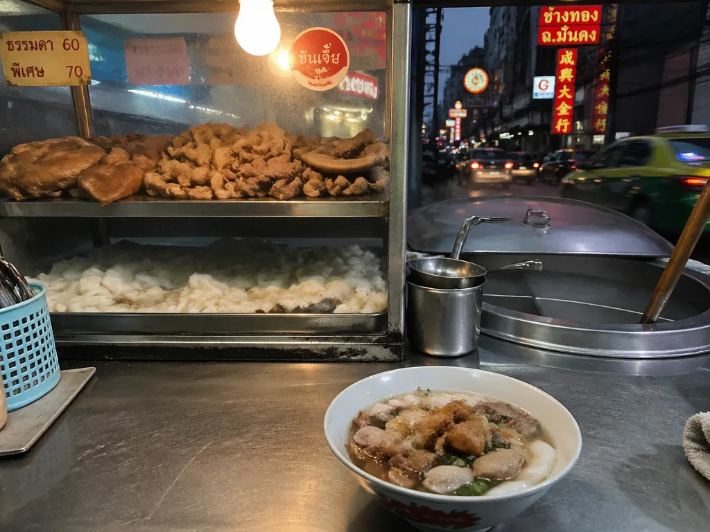 Bangkok Bib Gourmand kuay jub noodle stall on Yaowarat Road at dusk