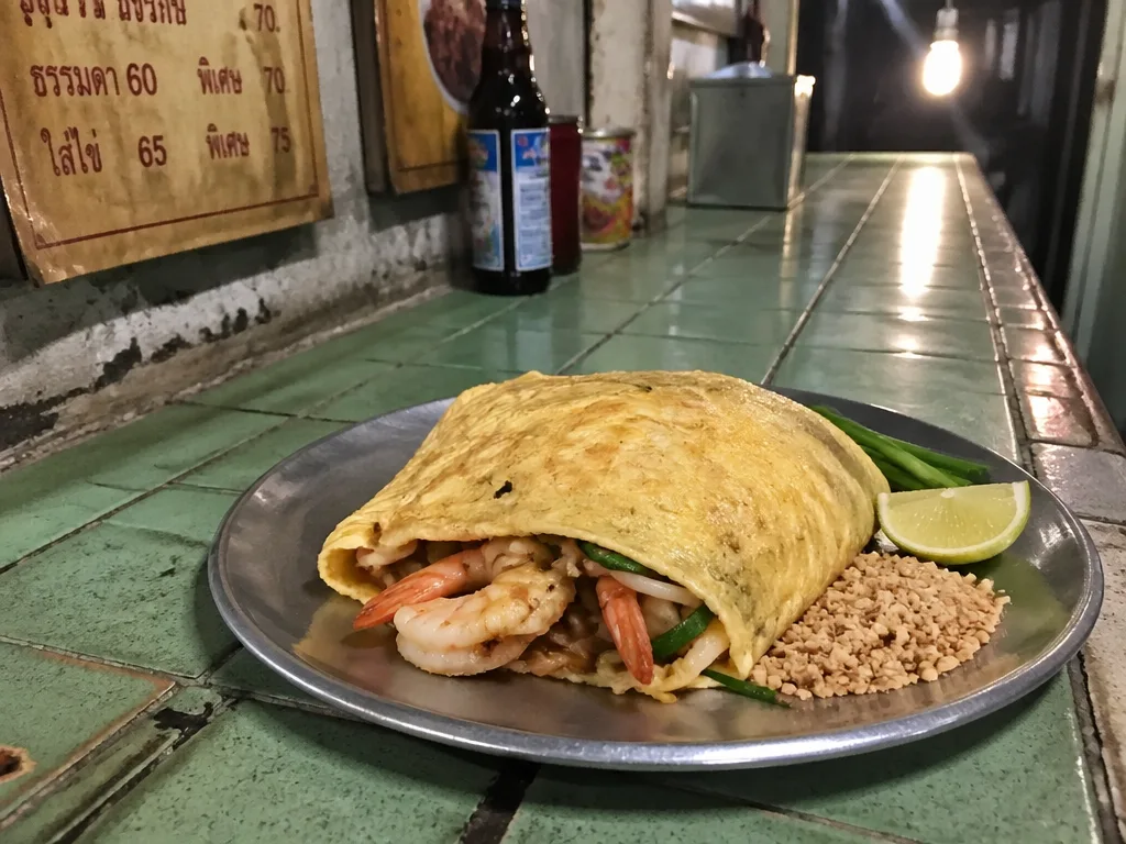 Charcoal-grilled pad thai wrapped in thin egg omelette on a metal plate