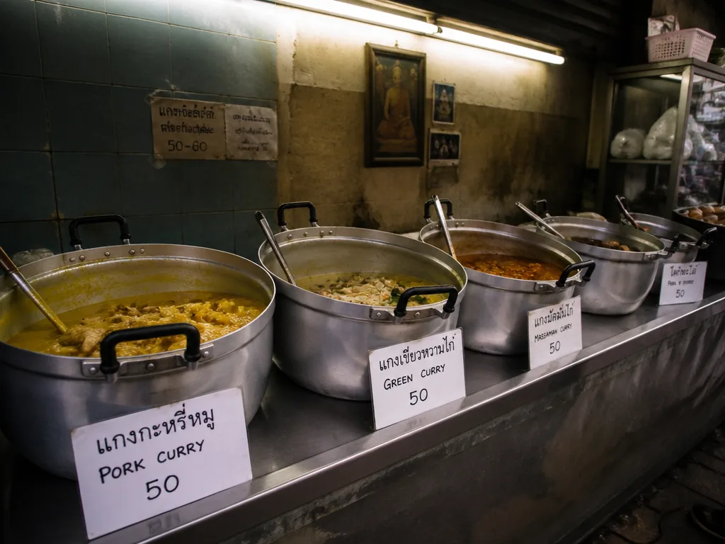 Curry pots lined up at a Bangkok point-and-eat curry rice stall