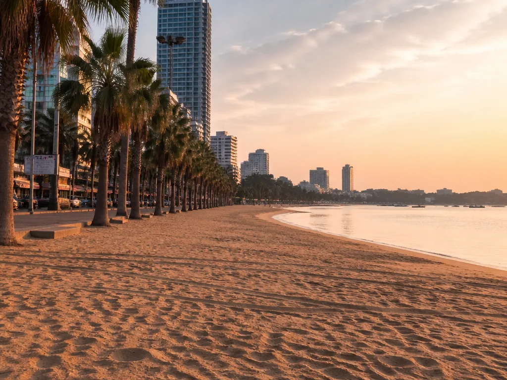 Empty Central Pattaya Beach promenade at sunset